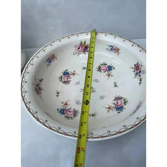 Vintage Ironstone Pitcher and Large Basin Bowl White Pink Flower - Picture 6 of 15